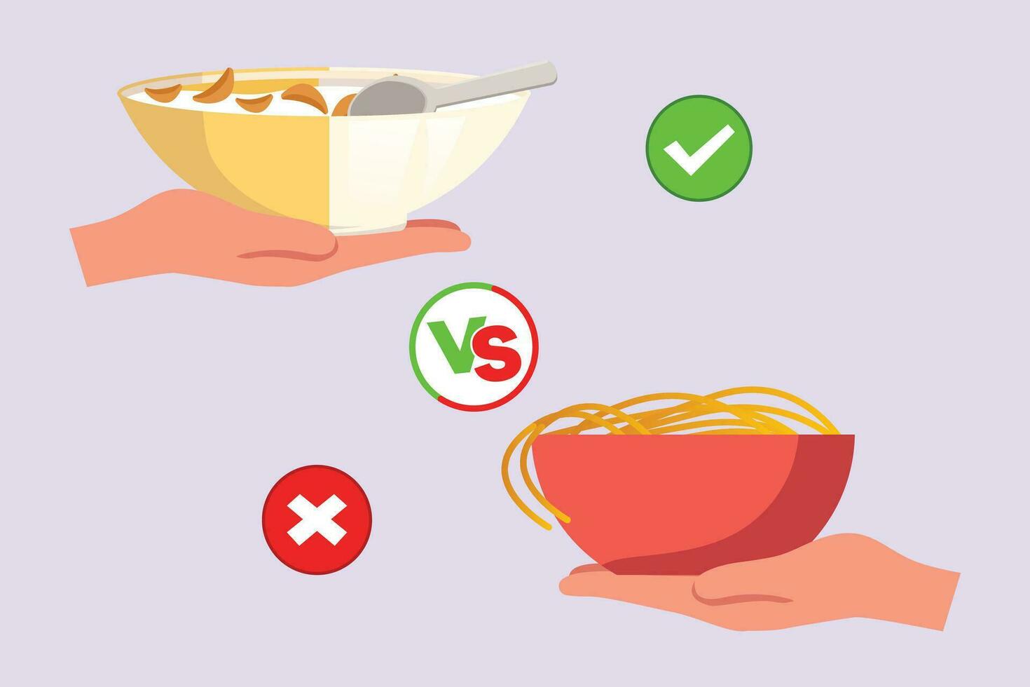 gesund vs. ungesund Lebensmittel. Essen Ernährung Konzept. farbig eben Vektor Illustration isoliert.