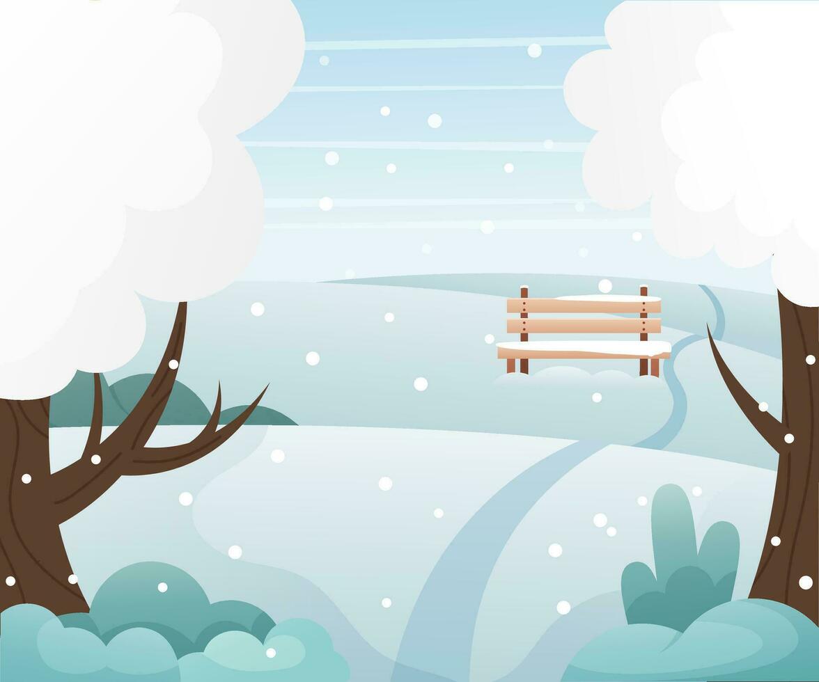 vinter- landskap med träd, buskar, väg, fält, bänk. säsong- parkera. vektor illustration i platt stil