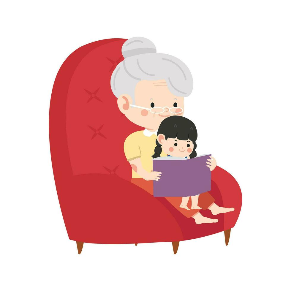 mormor sitter i en stol och läser en bok till henne barnbarn vektor