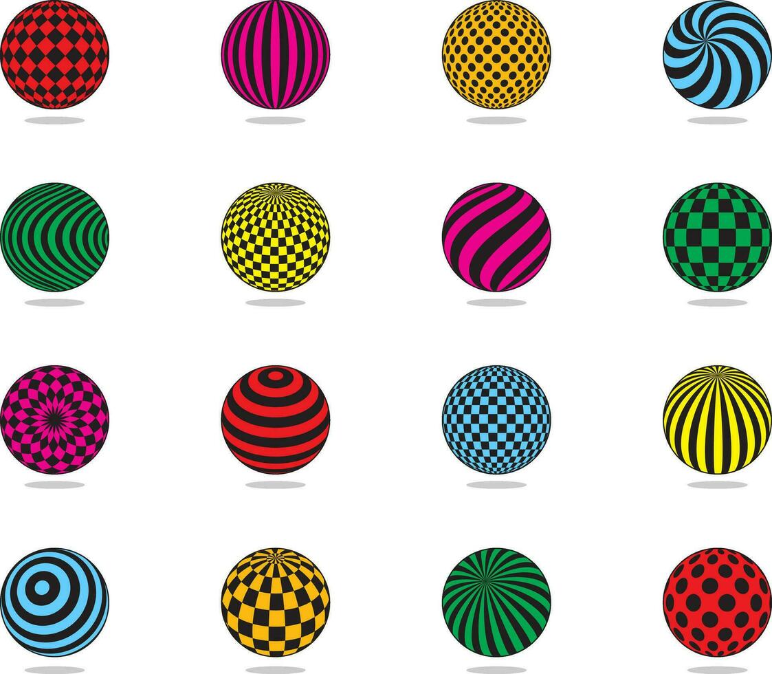 Farbe Bälle Vektor Satz. gestreift Ball, überprüfen, Punkte Muster. eben Design Element zum Vorlage