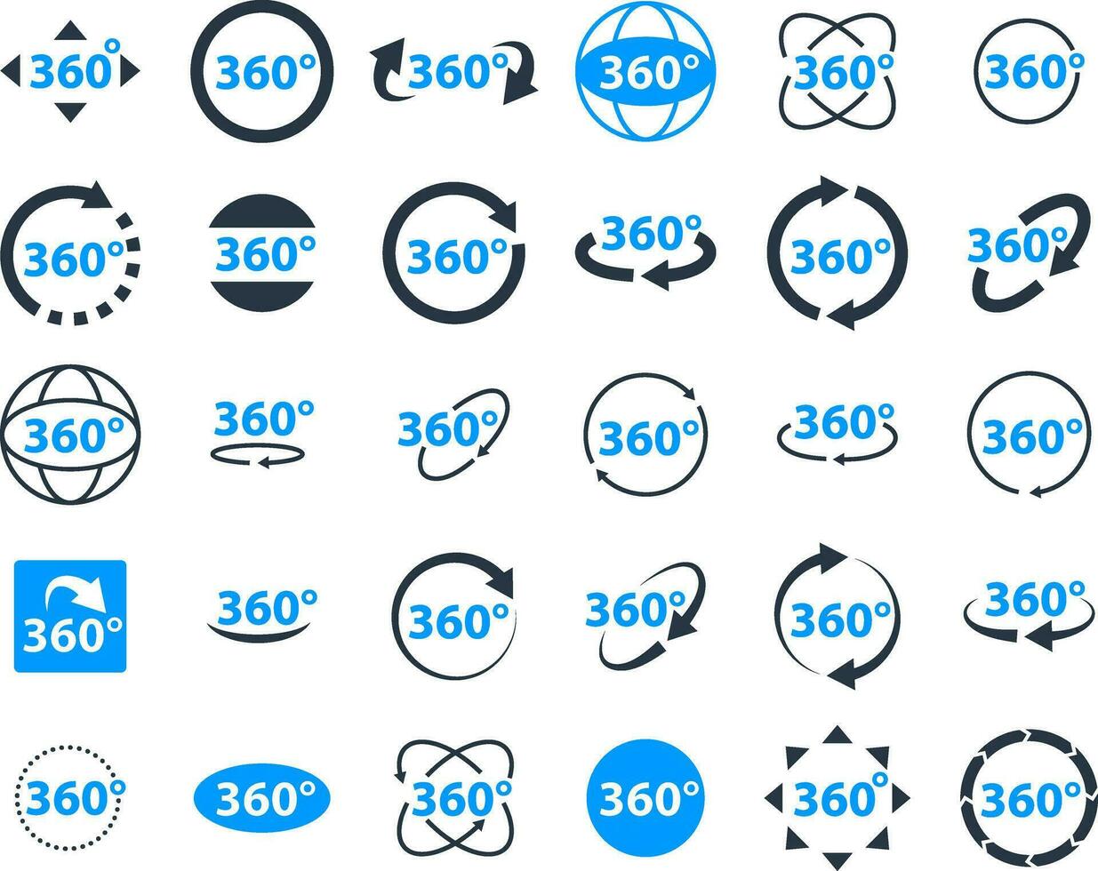 360-Grad-Icon-Set. Pfeil drehen, VR-Reality-Panoramasymbol. Symbole für die Weitwinkelansicht. virtuelle tour oder spielvektorzeichen. vektor
