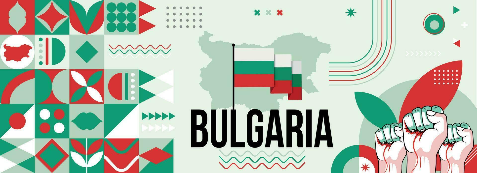 Bulgarien National oder Unabhängigkeit Tag Banner zum bulgarisch Feier. Flagge und Karte von Bulgarien mit angehoben Fäuste. modern retro Design mit Typorgaphie abstrakt geometrisch Symbole. Vektor Illustration.