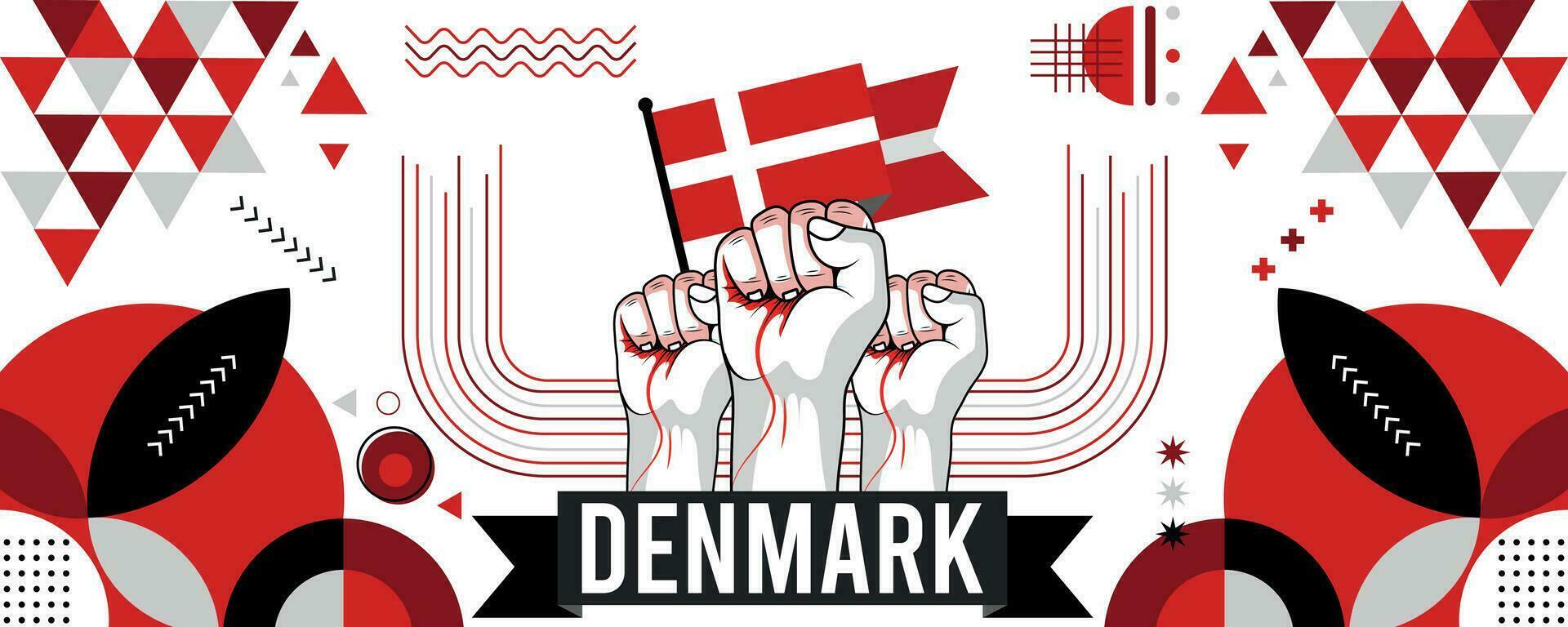 Dänemark National oder Unabhängigkeit Tag Banner zum Land Feier. Flagge und Karte von Dänemark mit angehoben Fäuste. modern retro Design mit abstrakt geometrisch Symbole. Vektor Illustration.
