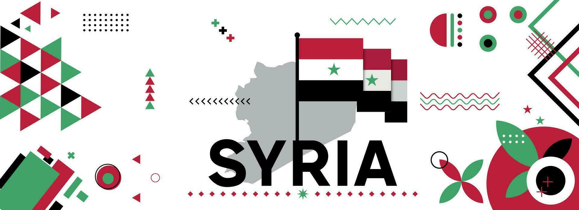 Syrien National oder Unabhängigkeit Tag Banner Design zum syrisch Feier. Flagge und Karte von Syrien mit modern retro Design und abstrakt geometrisch Symbole. Vektor Illustration