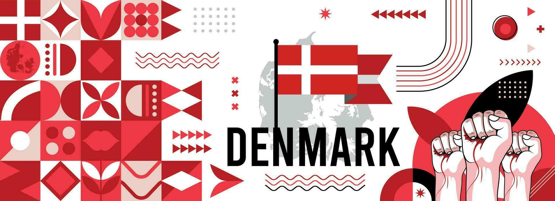 Dänemark National oder Unabhängigkeit Tag Banner zum Land Feier. Flagge und Karte von Dänemark mit angehoben Fäuste. modern retro Design mit Typorgaphie abstrakt geometrisch Symbole. Vektor Illustration.