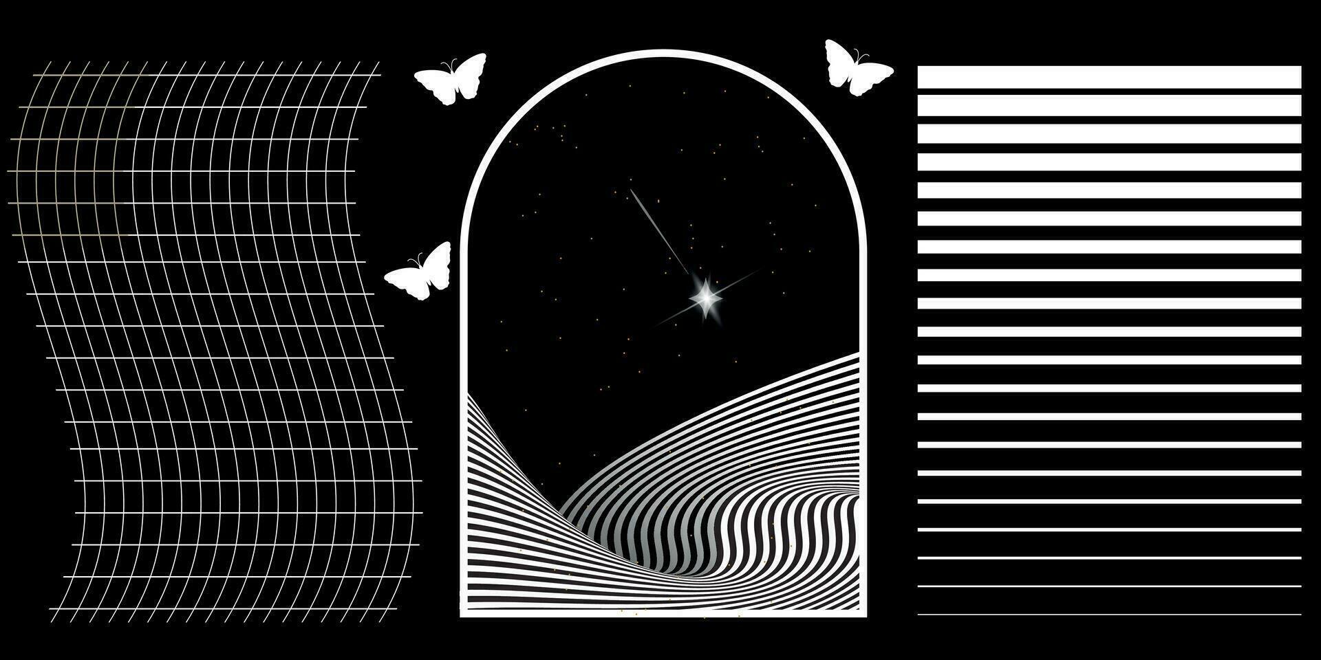 retro abstrakt rave psychedelic uppsättning i trendig y2k stil. retro trogen former, och mönster, trådram, perspektiv nät och cyberpunk element. vektor illustration