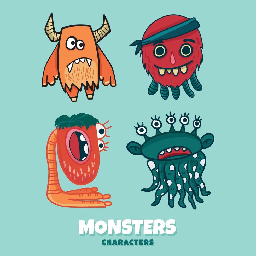 söta monsterfigurer i doodle -stil vektor