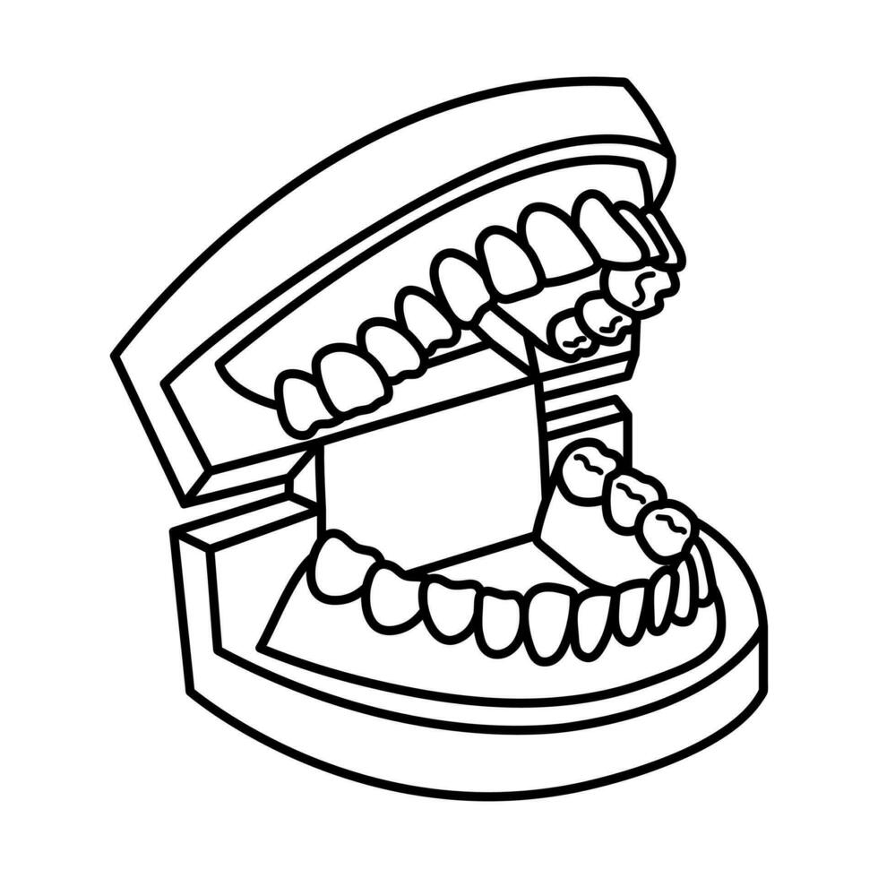 käke med tänder. öppen mun dental modell. linjär klotter ikon. korrigerande ortodonti. dental vård. vektor