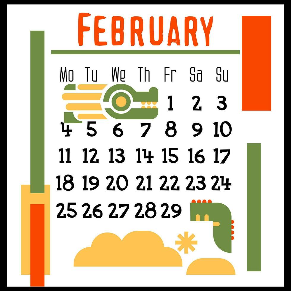 Platz Kalender Seite zum Februar 2024 mit ein Grün geometrisch Drachen. isoliert auf ein Weiß Hintergrund. das Symbol von das Jahr von das Drachen. ein Drachen im Schneeverwehungen und Schnee. Vektor Illustration. Farbe