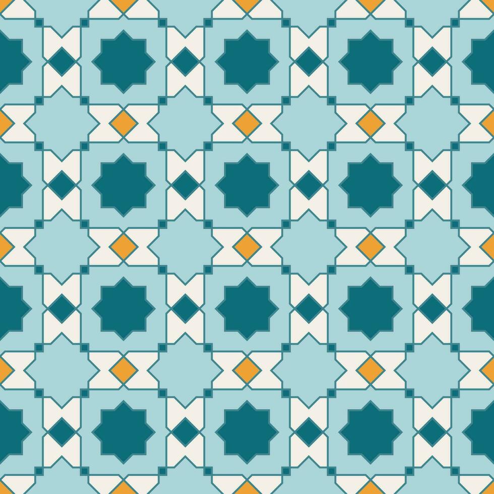 arabicum geometrisk mosaik- tryckbar sömlös mönster med abstrakt marockansk skriva ut i blå och orange färger. ramadan kareem traditionell islamic konst illustration bakgrund vektor