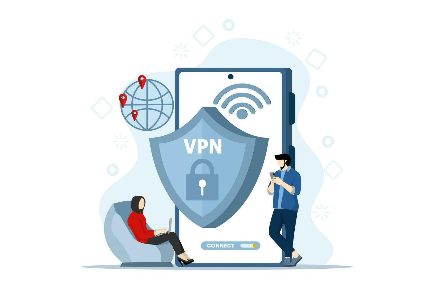 virtuell Privat Netzwerk Konzept. Menschen verwenden vpn Technologie System zu schützen ihr persönlich Daten auf Smartphones, vpn Technologie System, Browser entsperren Webseiten, Internet Verbindung. vektor