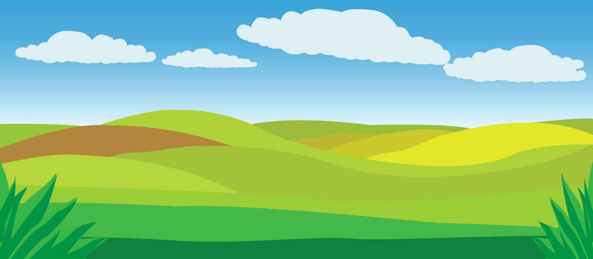 Illustration von ein Landschaft mit Himmel Wolken Über Felder Wiesen Sommer- Konzept vektor