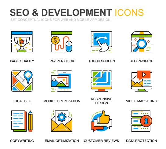 Simple Set SEO und Development Line Icons für Website und Mobile Apps vektor