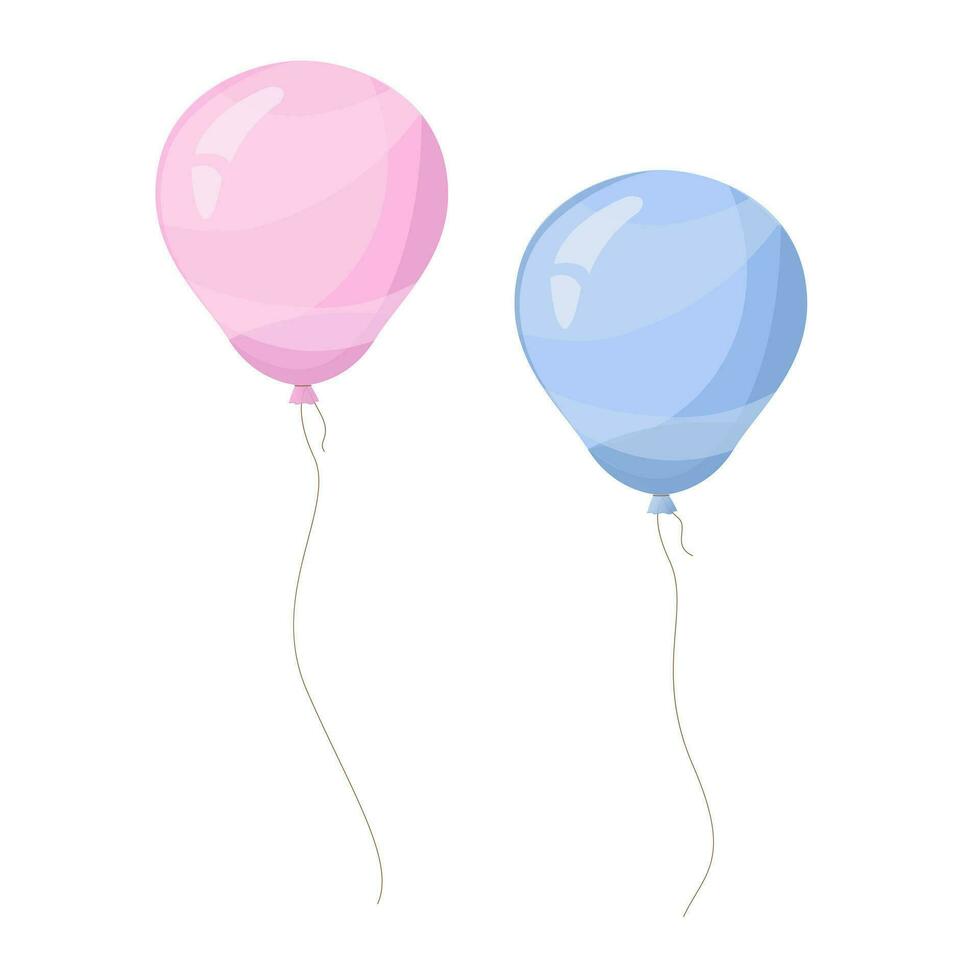 Rosa und Blau fliegend Ballon, Band, Geburtstag zelebrieren, Überraschung. Helium Ballon Geschenk. Karikatur Stil. Vektor Illustration