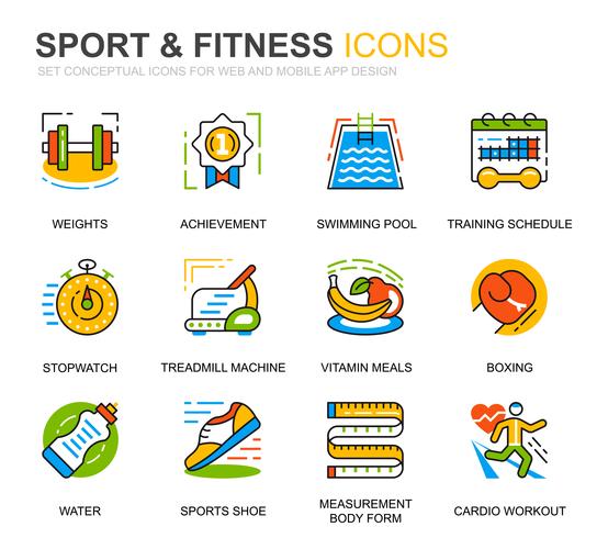 Enkel uppsättning sport- och fitnesslinjeikoner för webbplats- och mobilapps vektor