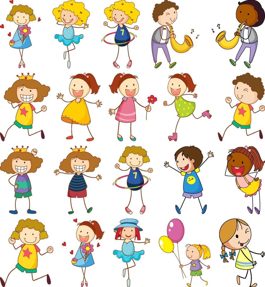 uppsättning olika doodle barn seriefigur vektor
