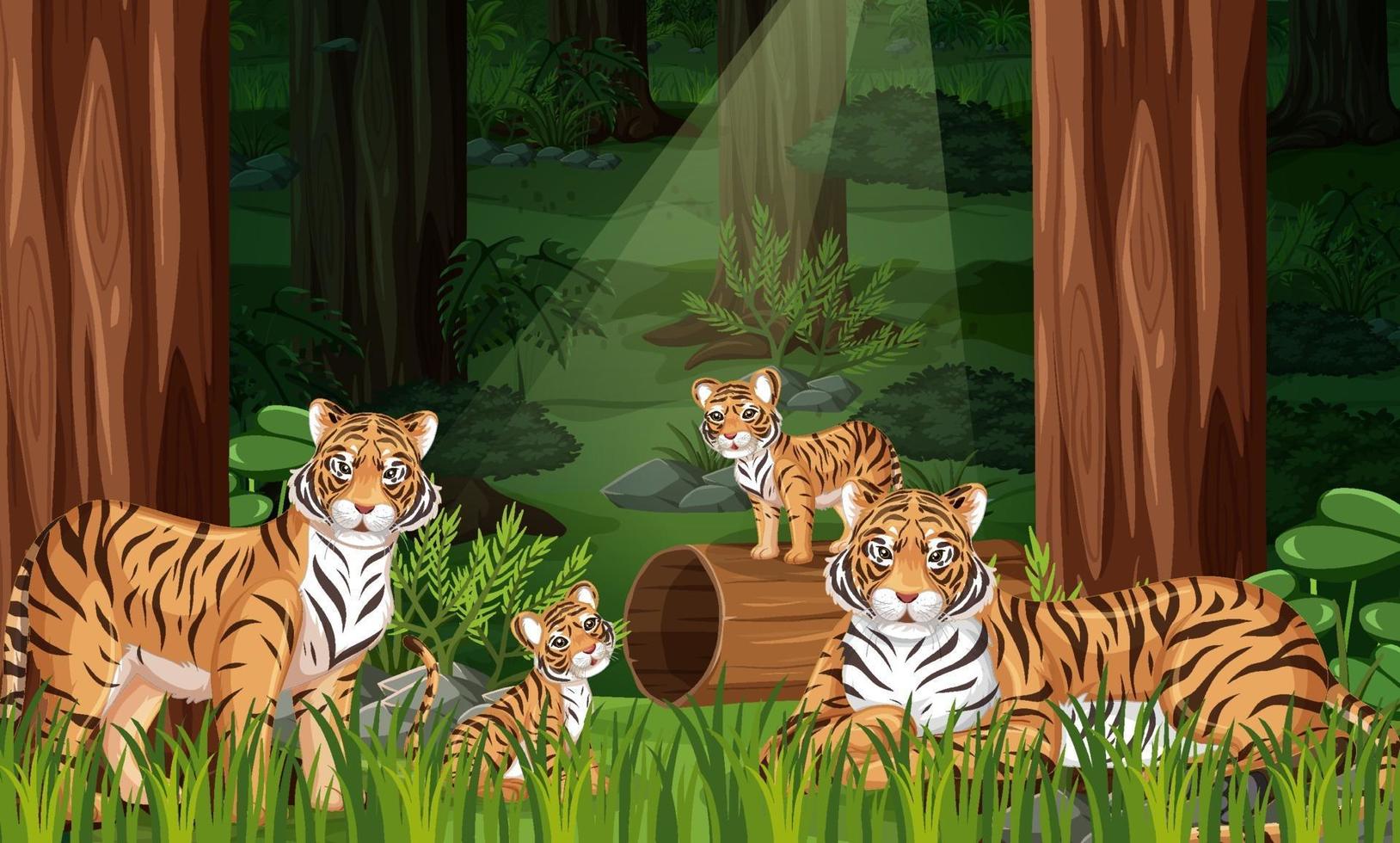 Tigerfamilie im Waldlandschaftshintergrund vektor