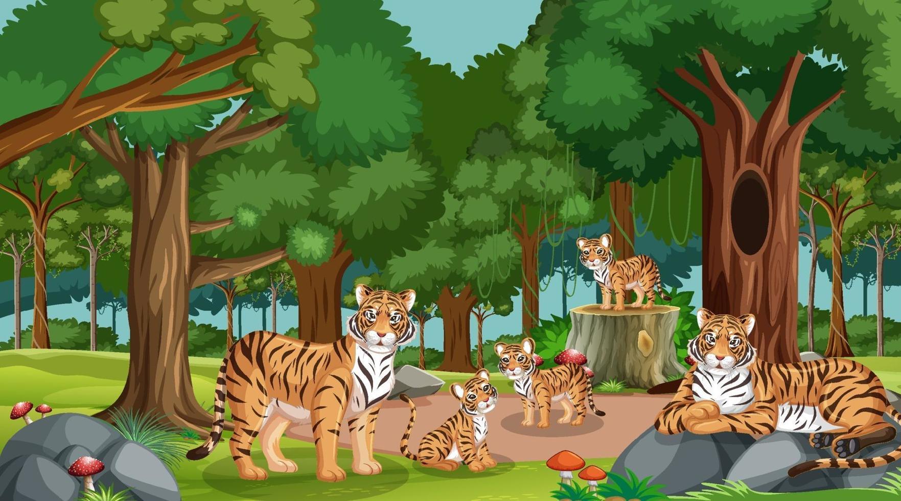 tigerfamilj i skog eller regnskog med många träd vektor