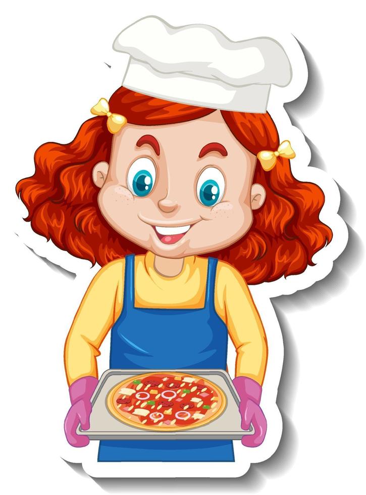 tecknad karaktär klistermärke med kock flicka håller pizza bricka vektor