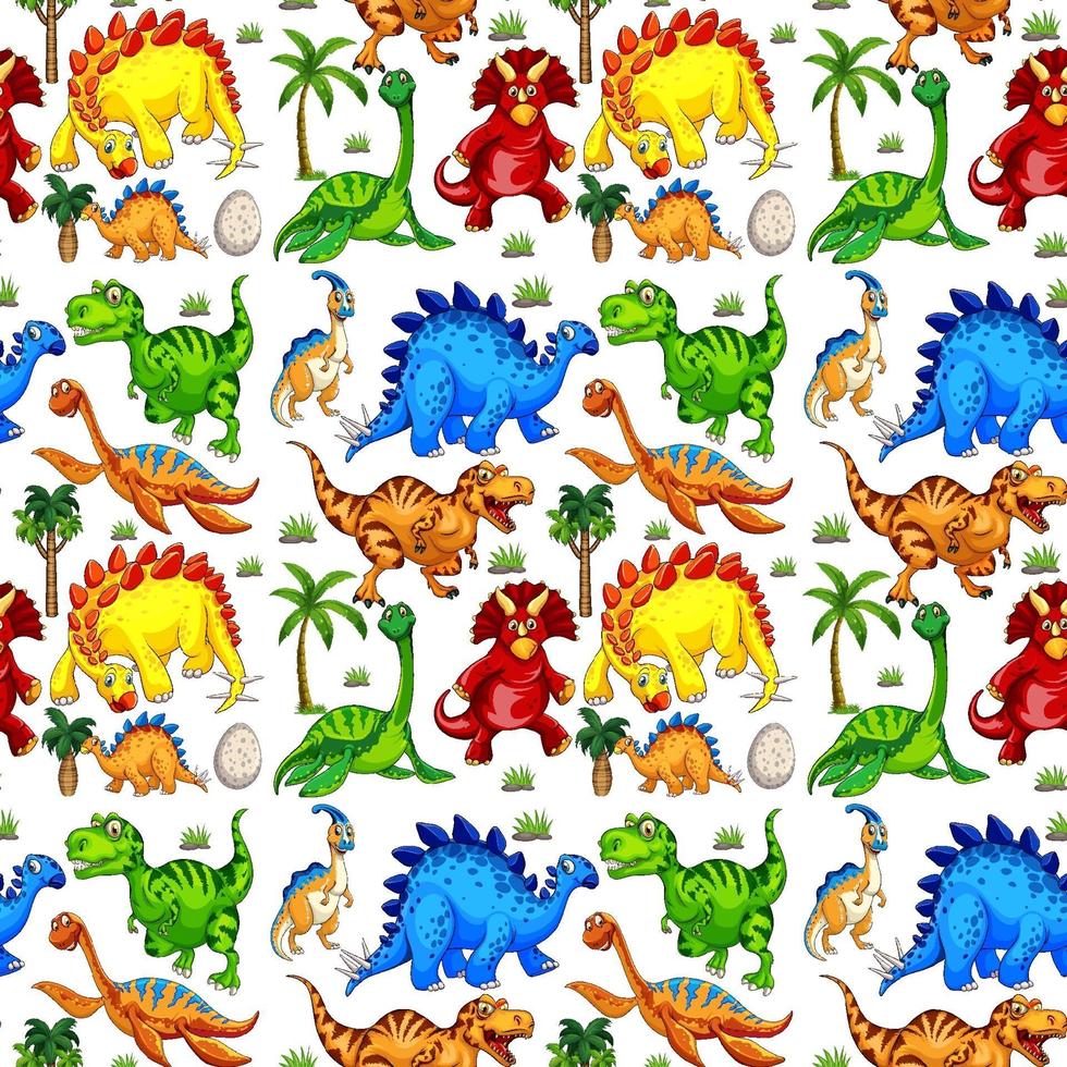 sömlösa mönster med olika dinosaurier på vit bakgrund vektor