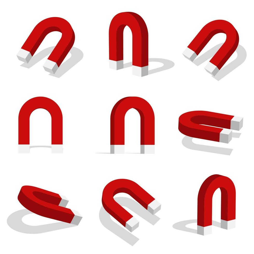 Magnet 3D-Icon-Darstellung mit verschiedenen Ansichten und Winkeln vektor