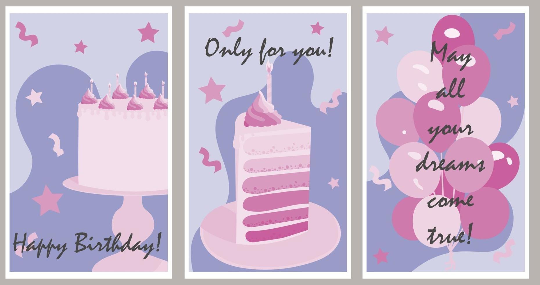 Satz Geburtstagskarten für ein Mädchen mit Kuchen und Luftballons. vektor