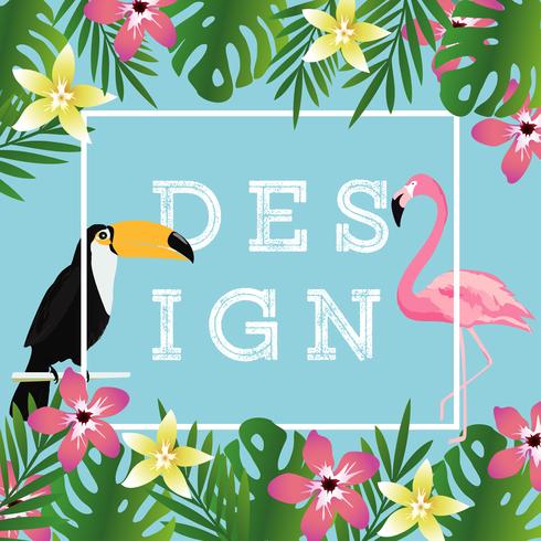 Tropisk bakgrund med toucan, flamingo och tropiska blad vektor