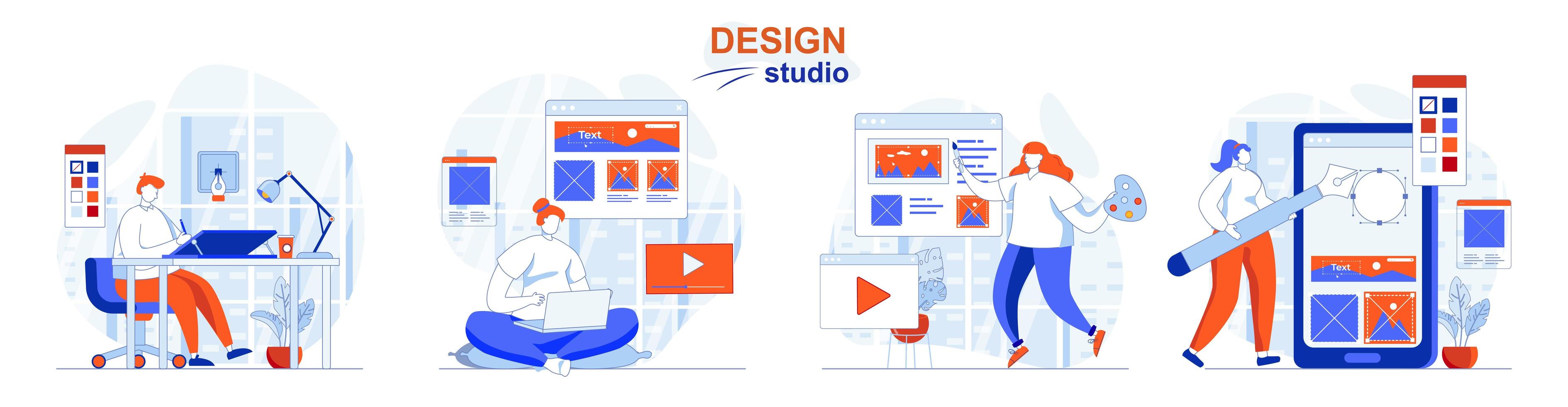 Designstudio-Konzept stellte Menschen isolierte Szenen in flachem Design ein vektor