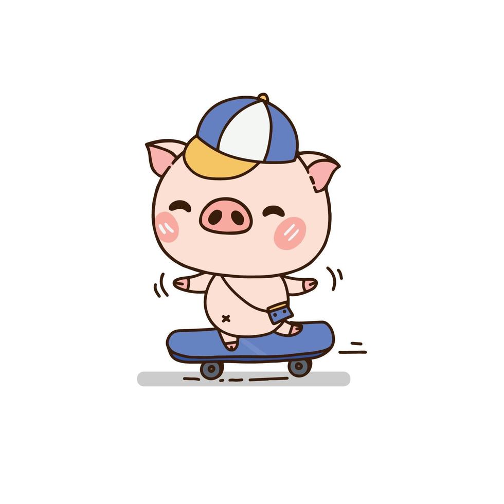 süßes Cartoon-Schwein auf Skateboard. vektor