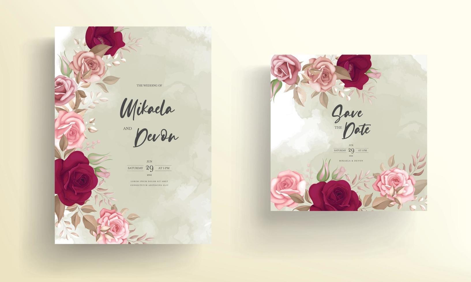 elegant bröllopsinbjudningskort med vackra rödbruna rosor vektor