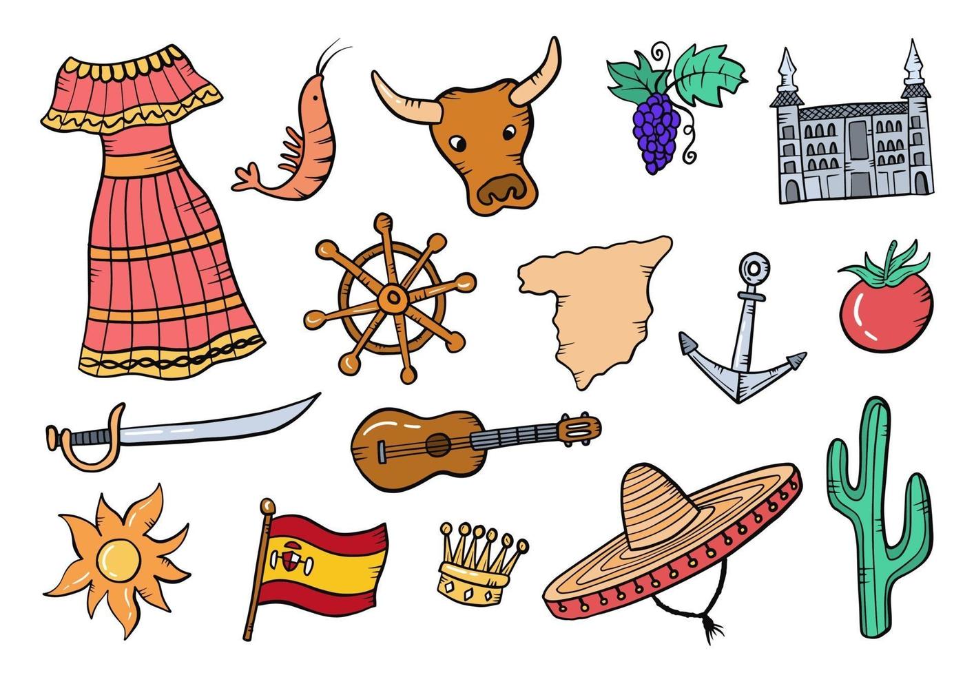 Spanien Land Nation Doodle handgezeichnete Set Sammlungen vektor