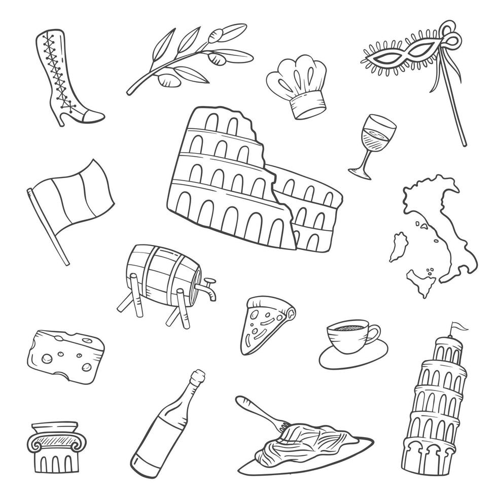 Italien country nation doodle handritad uppsättning samlingar vektor