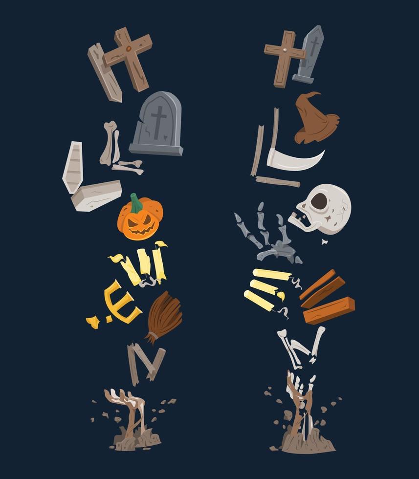 Halloween-Text wird aus verstreuten Elementen von Halloween gebildet. vektor