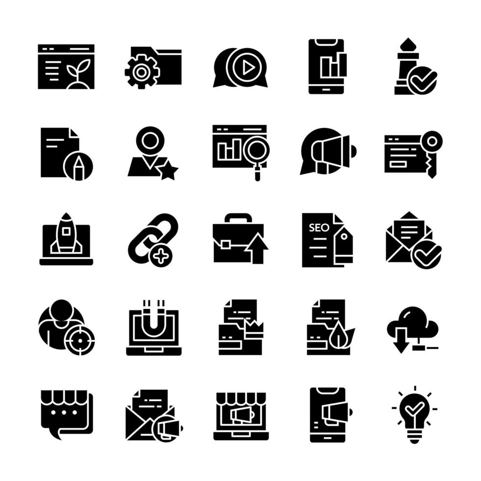 Set von SEO-Icons mit Glyphen-Stil. vektor