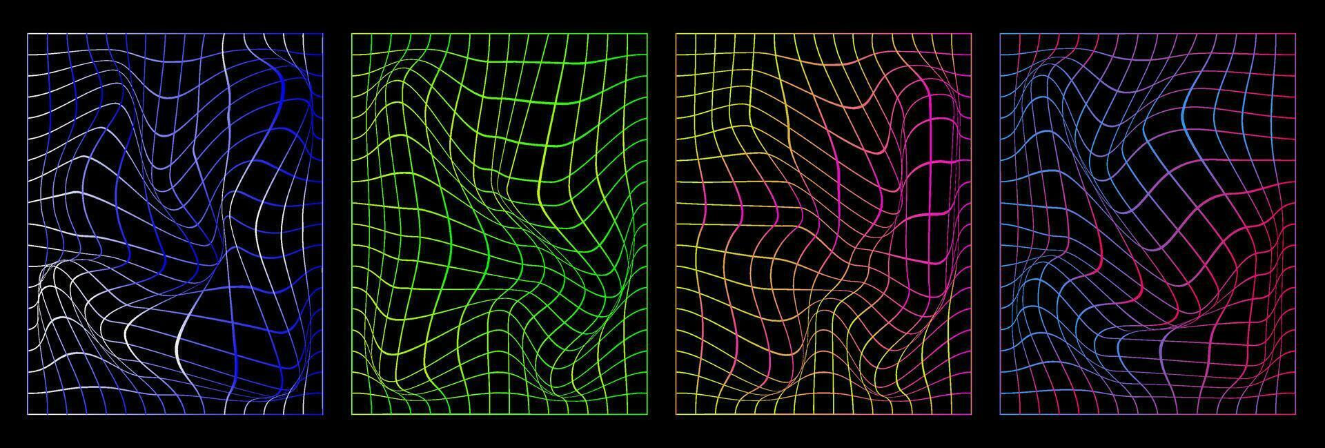 uppsättning av förvrängd vertikal neon rutnät mönster. trendig retro 1980-talet, 2000-talet stil. abstrakt affischer. cyberpunk element i trendig psychedelic rave stil. vektor