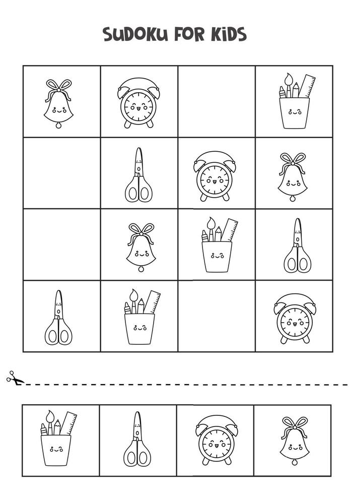 Sudoku-Spiel für Kinder mit süßem schwarz-weißem Schulmaterial. vektor