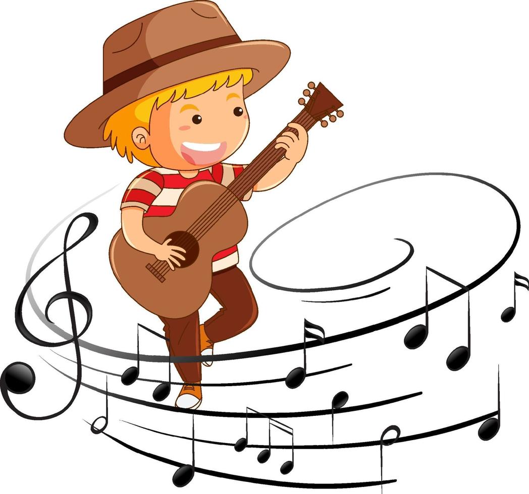 Zeichentrickfigur eines Jungen, der Gitarre mit Melodiesymbolen spielt vektor