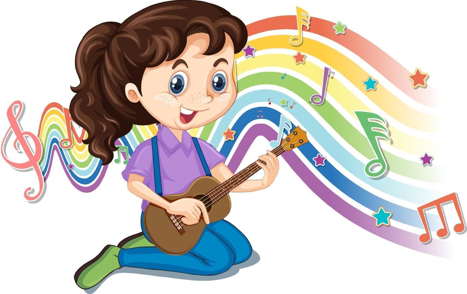 Mädchen spielt Gitarre mit Melodiesymbolen auf Regenbogenwelle vektor