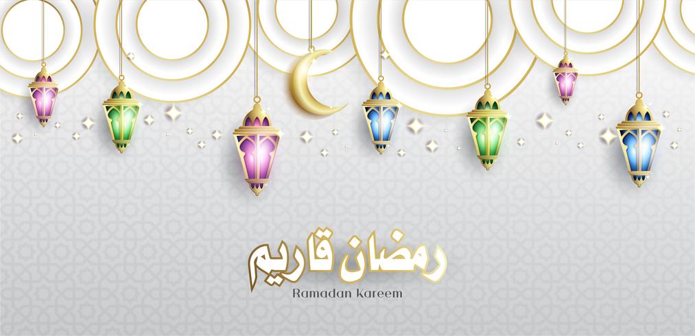 Elegantes Design von Ramadan Kareem mit hängender Fanoos-Laterne und Moschee-Hintergrund vektor