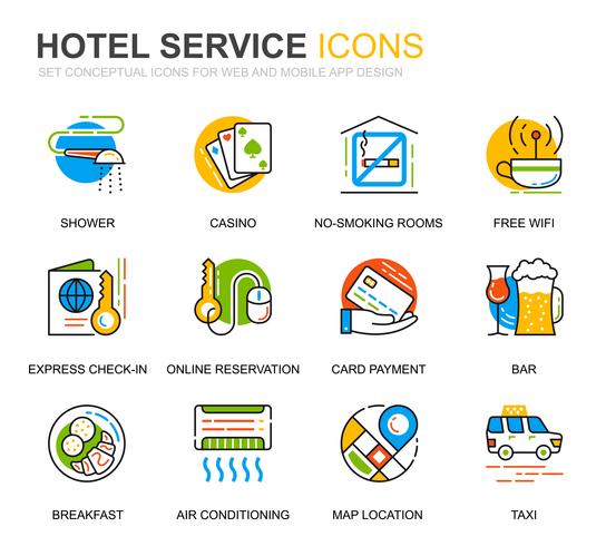 Enkel uppsättning Hotell Tjänster Linje Ikoner för Webbsida och Mobila Appar vektor