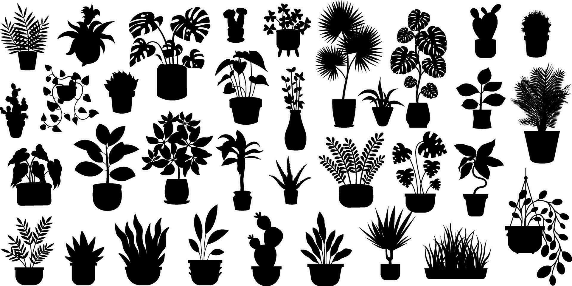 uppsättning av annorlunda inlagd krukväxter silhuetter. inomhus- blommor eller växter i blomkrukor eller vaser platt vektor illustrationer samling