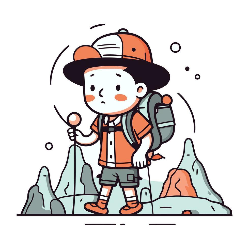 söt liten explorer pojke med ryggsäck och kikare. vektor illustration.