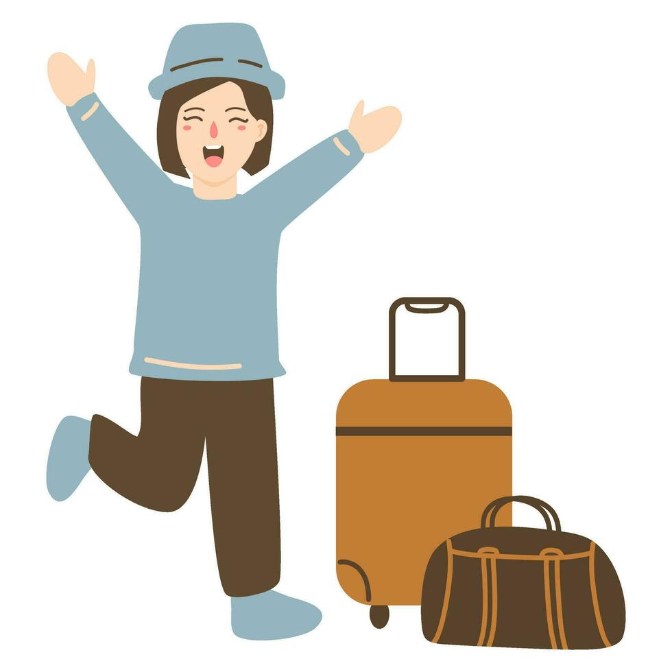 glücklich Tourist mit Verzögerung und Handtasche vektor