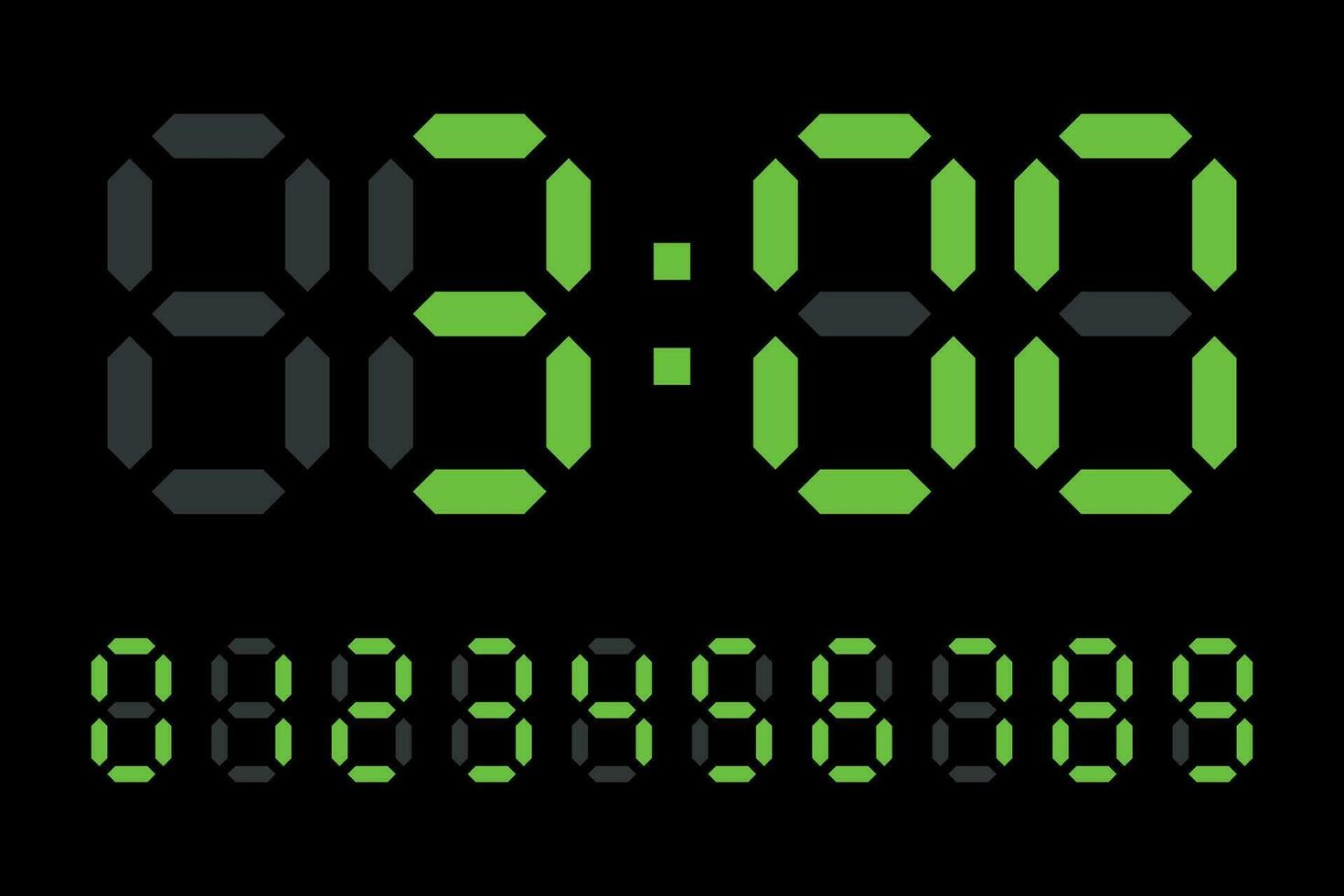 Digital LED Uhr Zahlen elektronisch zahlen Vektor auf schwarz Hintergrund.