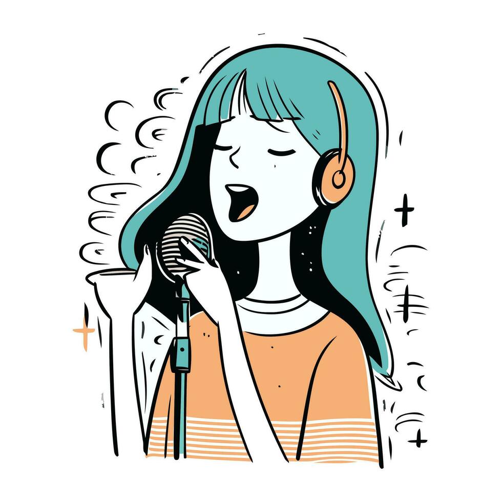 Vektor Illustration von ein Mädchen Singen mit ein Mikrofon im ihr Hand.