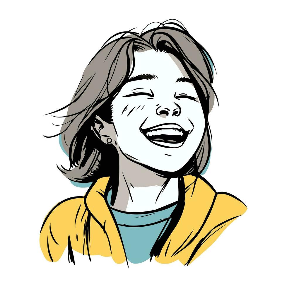 Vektor Illustration von ein schön lächelnd jung Frau im Gelb Kapuzenpullover.