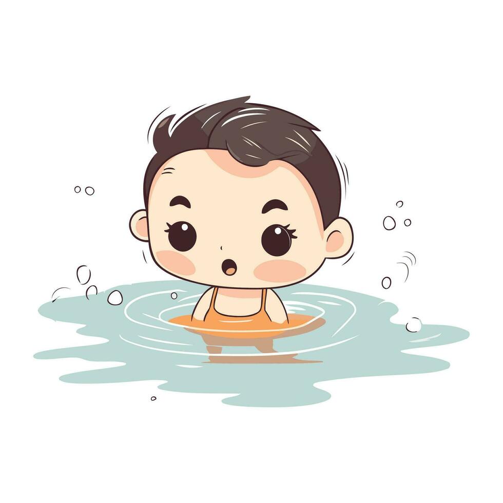 söt liten pojke simning i en slå samman. vektor tecknad serie illustration.