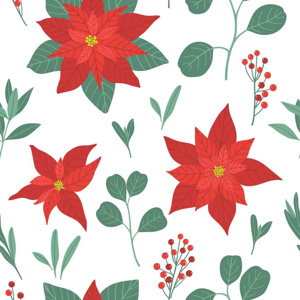 Weihnachten nahtlos Blumen- Muster mit Weihnachtsstern, Blätter und Beeren auf Weiß Hintergrund vektor