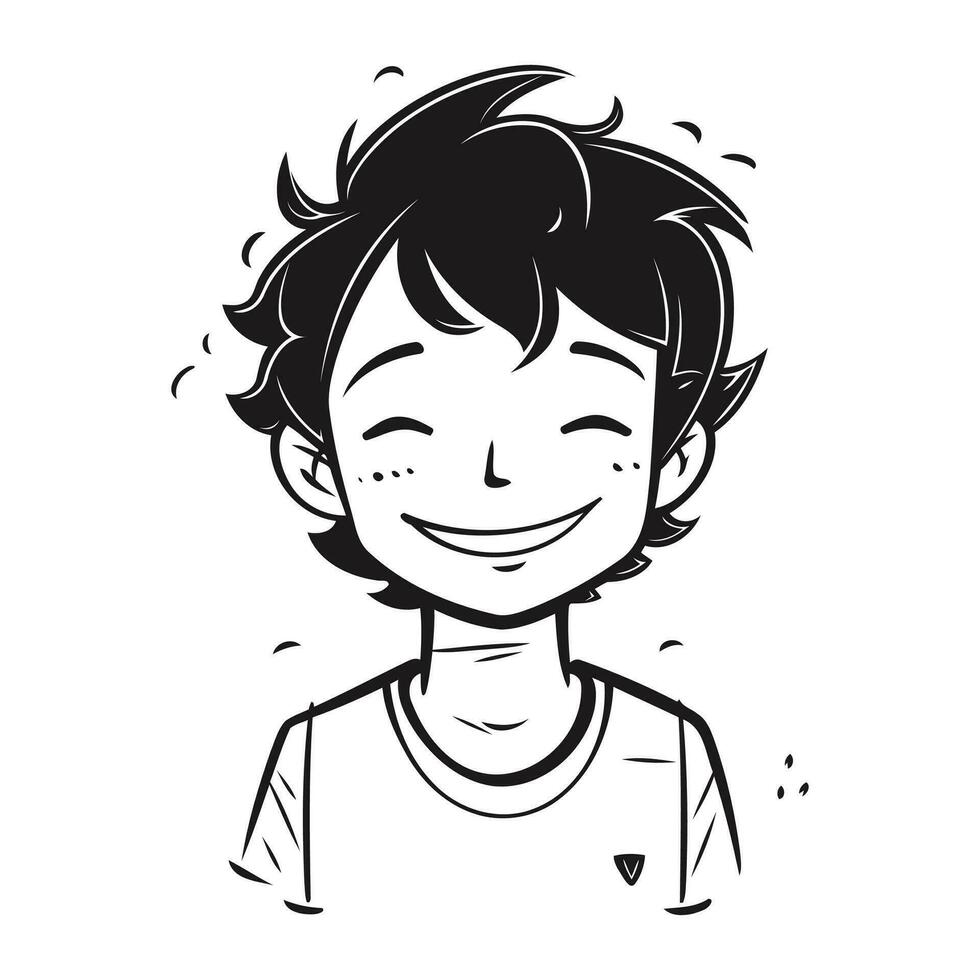 vektor illustration av en pojke med en leende på hans ansikte. svart och vit bild.
