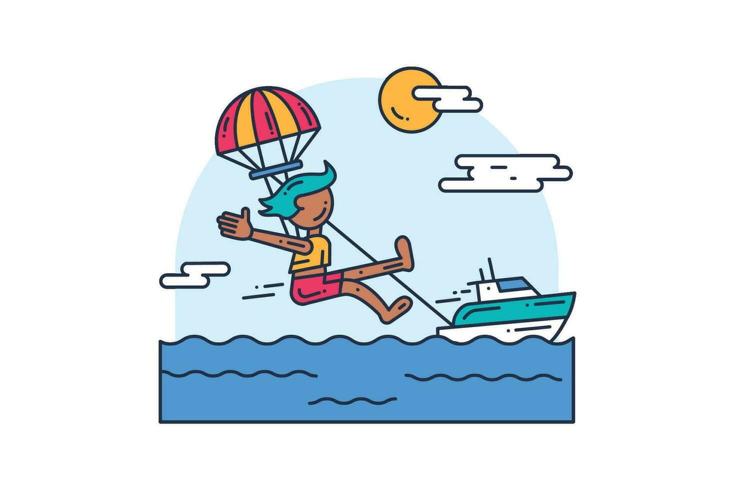 Kerl im Rettung passen fliegt auf Fallschirm gebunden hinter Schnellboot durch Motor- Boot. Sport und aktiv Lebensstil. einfach farbig gestreichelt Vektor Symbol isoliert auf Weiß Hintergrund